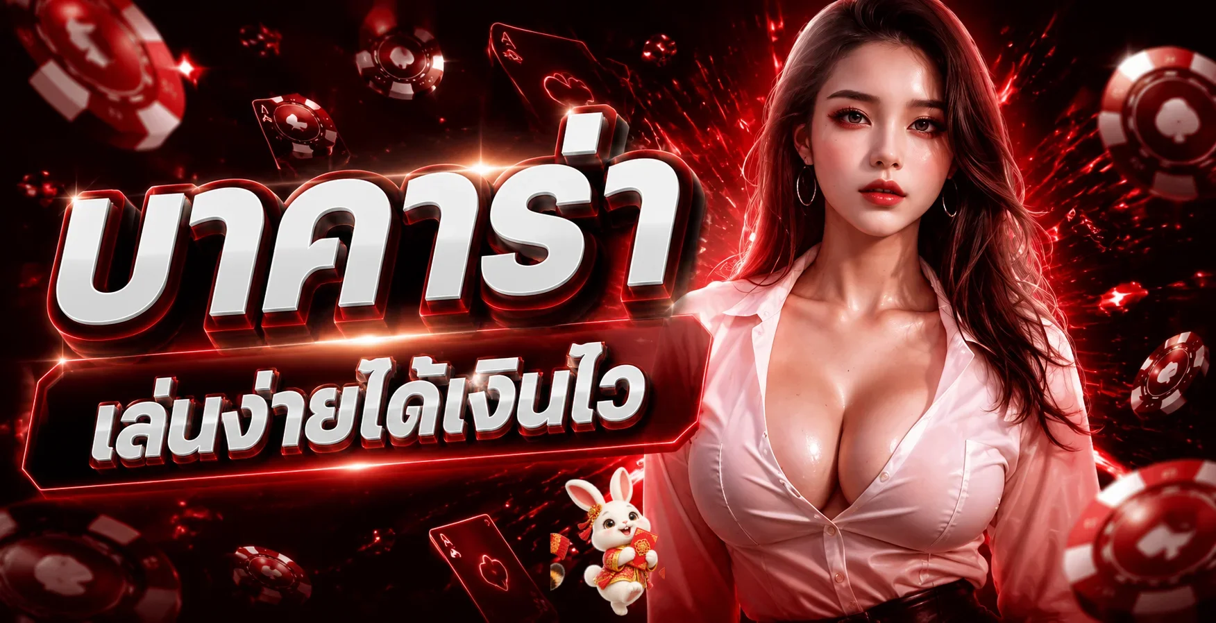 แบนเนอร์บาคาร่าโทนแดงดำพร้อมมาสคอตกระต่ายเกม