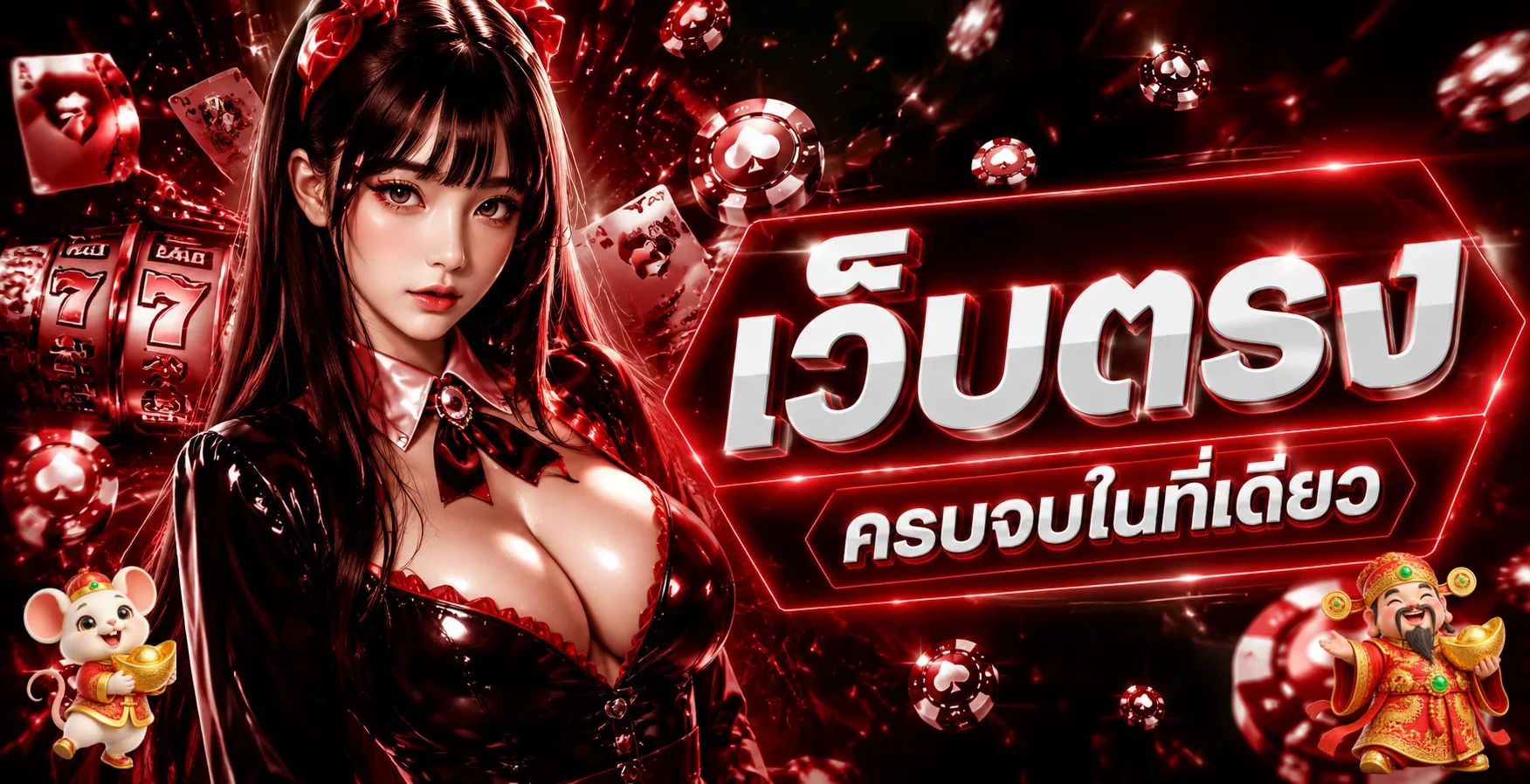 แบนเนอร์โชค777 เว็บตรงพร้อมมาสคอตเกมโทนแดงดำ